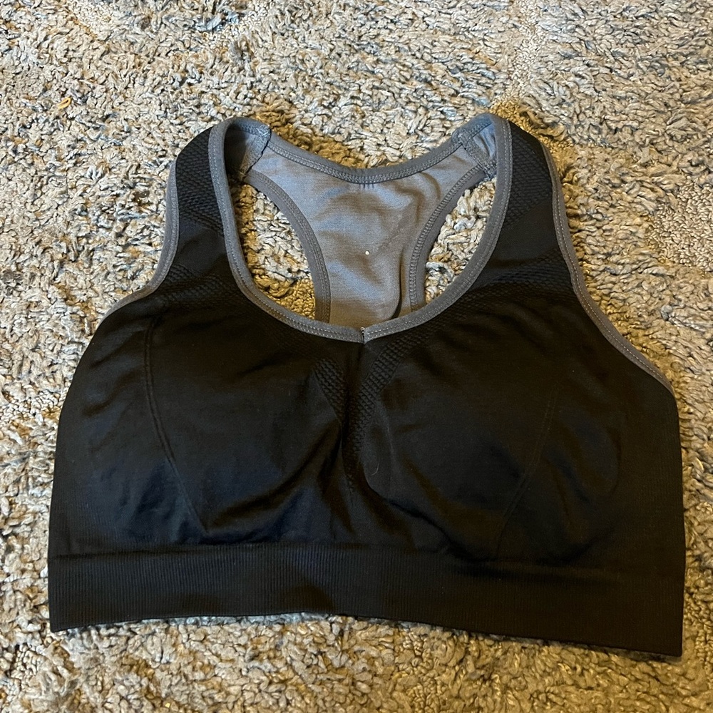 Zyia Active‎ Racerback Sports Bra, Black, Breathable Mesh Panel W/Zipper Size L